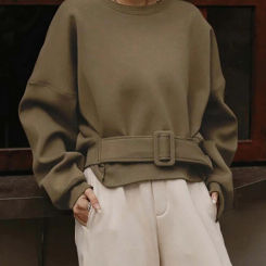 Modigirl Winter Fall Women's Hoodies Pullovers 2025 Gray Belt Buckle Round Neck Long Sleeves Sweatshirts Tops  Female Spring