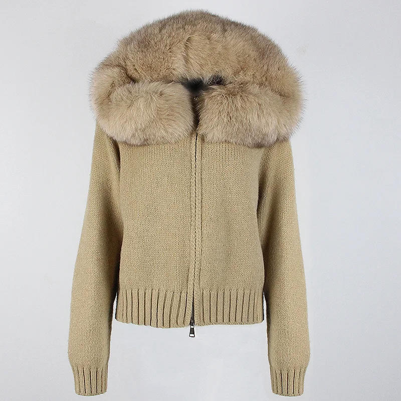 Description Picture 6 of itemOFTBUY 2023 New Fashion Autumn Winter Casual Hooded Real Fox Fur Collar Short Knitted Jacket with Natural Warm Coat for Women