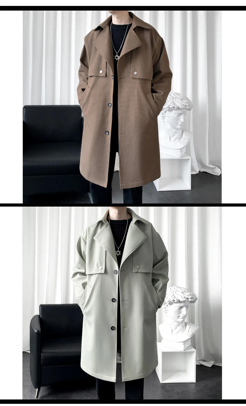 Description Picture 5 of itemAutumn and Winter New Solid Color Men's Medium-length Tweed Coat Fashion Trend Casual Youth Lapel Warm Coat