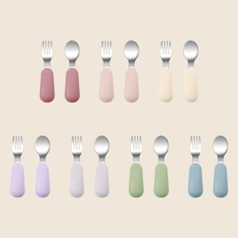 Description Picture 2 of item2PCS Baby Silicone Stainless Steel Fork Spoon Portable Baby Tableware Feeding Training Baby Utensils Solid Color Baby Stuff