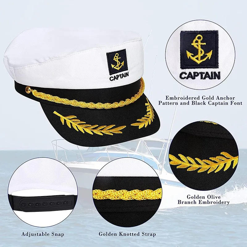 Description Picture 4 of itemAdult Yacht Boat Ship Sailor Captain Costume Hat Navy Marine Admiral 3D Embroidered Captain Hat Party Decoration