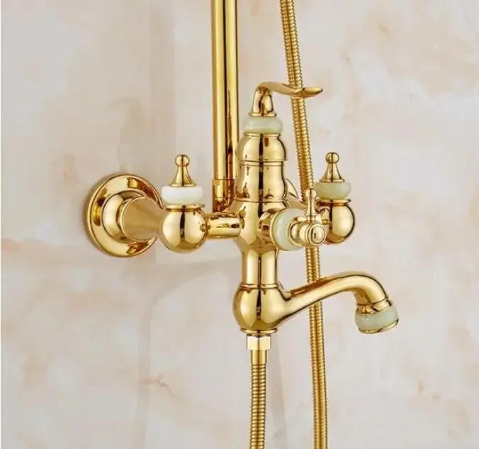 Description Picture 6 of itemBathtub and Shower Faucet Golden Brass and Jade Bath Set Brass Wall Mounted 8" Rainfall &nd shower  Set