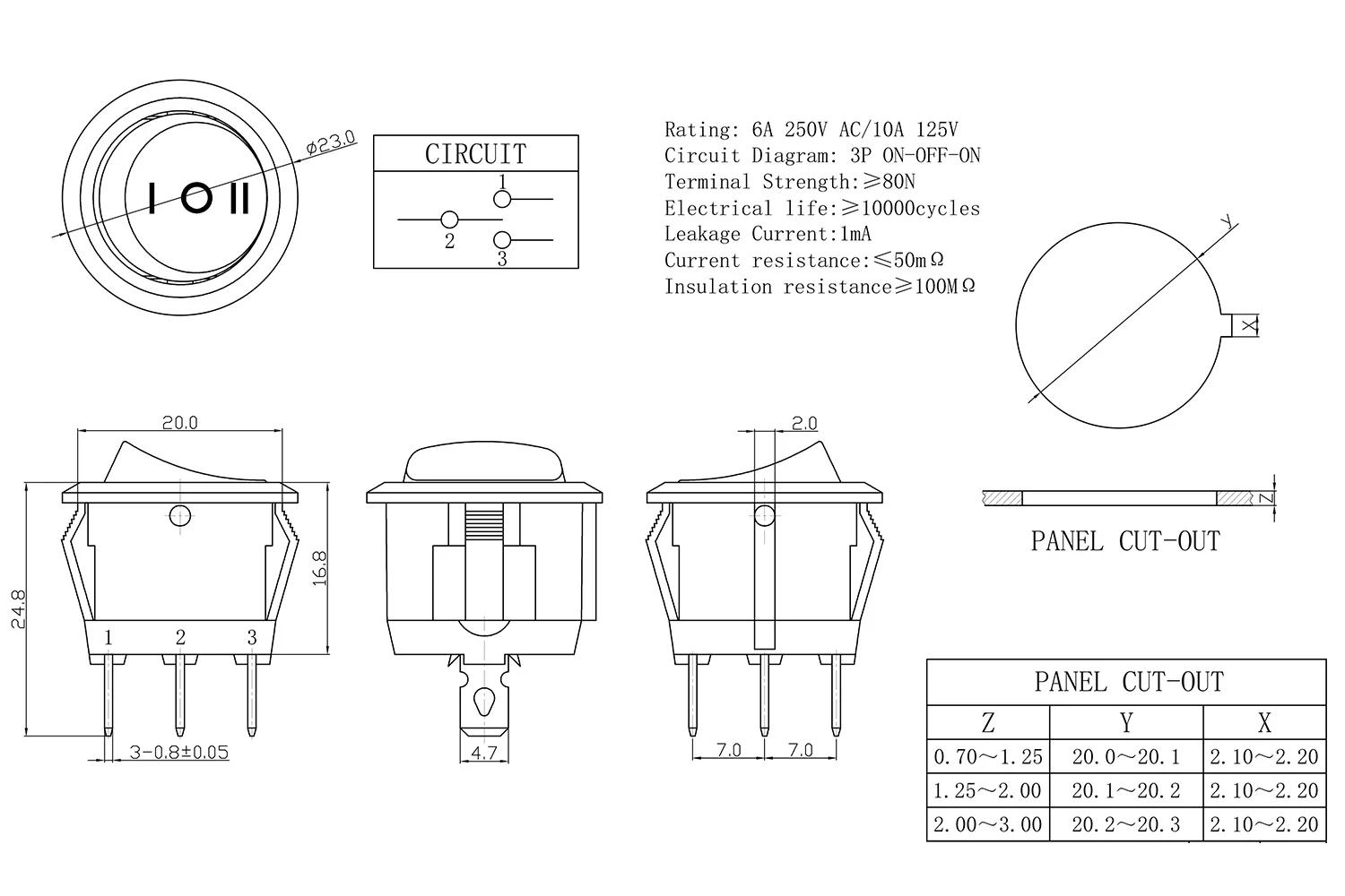 Description Picture 5 of item4PCS Dia.20mm Round Black Red 2Pin 3Pin 3A/250V 6A/125V Rocker Switch Seesaw Power Switch O- / ON-OFF