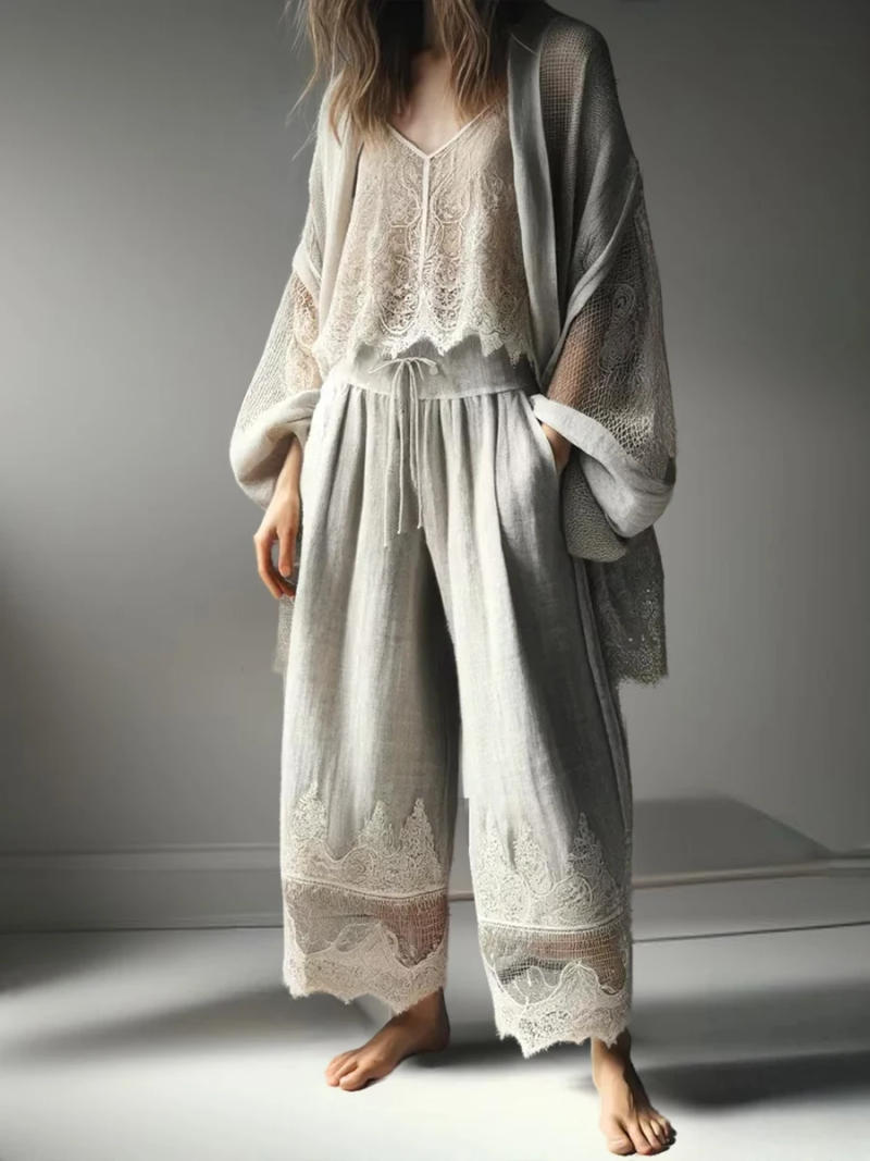 Description Picture 3 of itemWomen's Casual Pants Fashionable Lace Patchwork Solid Color Drawstring Pocket Wide-Leg Pants Loose High Waist Women's Trousers