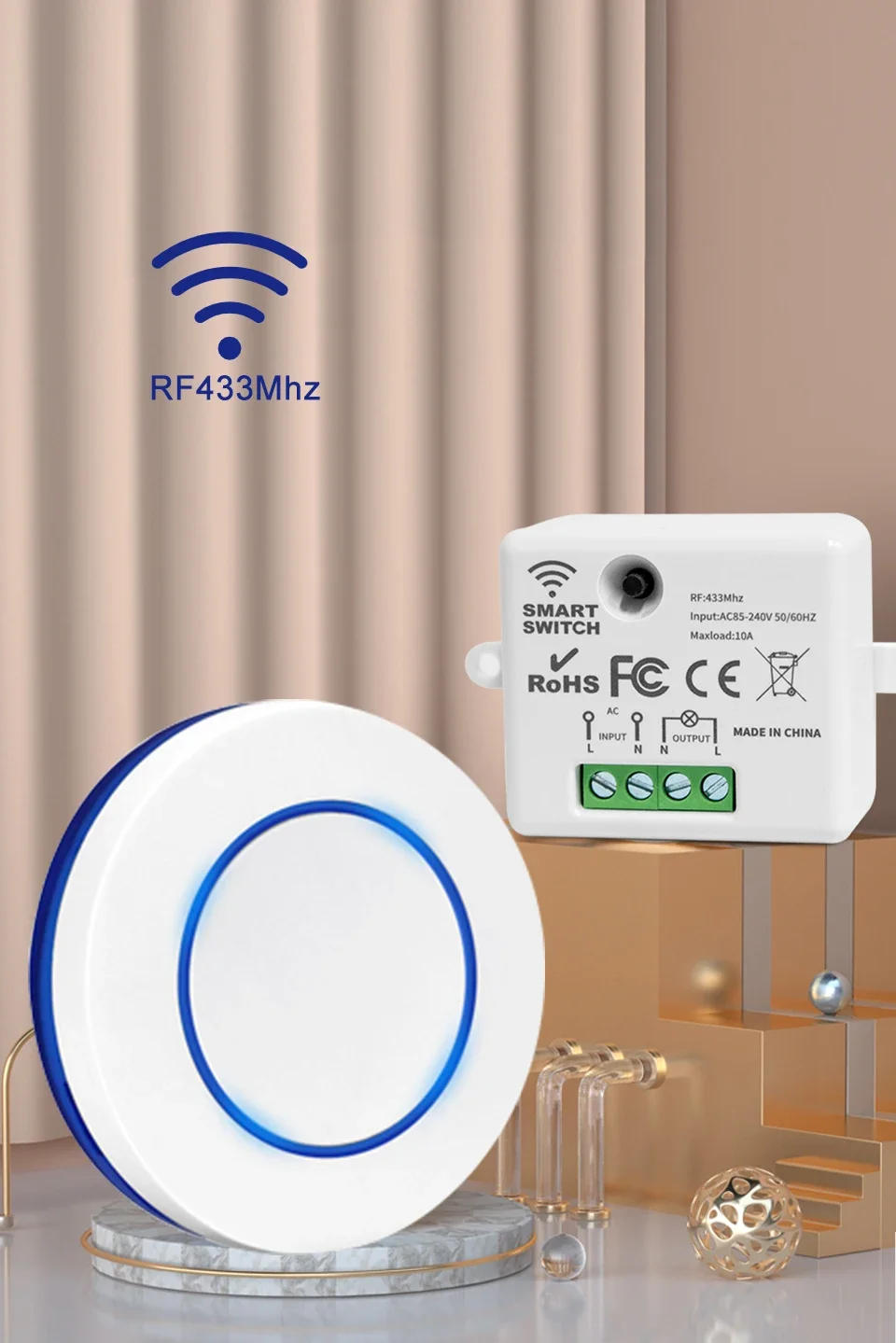 Description Picture 2 of itemRF433MHz Wireless Remote Control Light Switch 10A 220V 110V Relay Receiver Mini Round Button Wall Panel Switch for Home LED Lamp