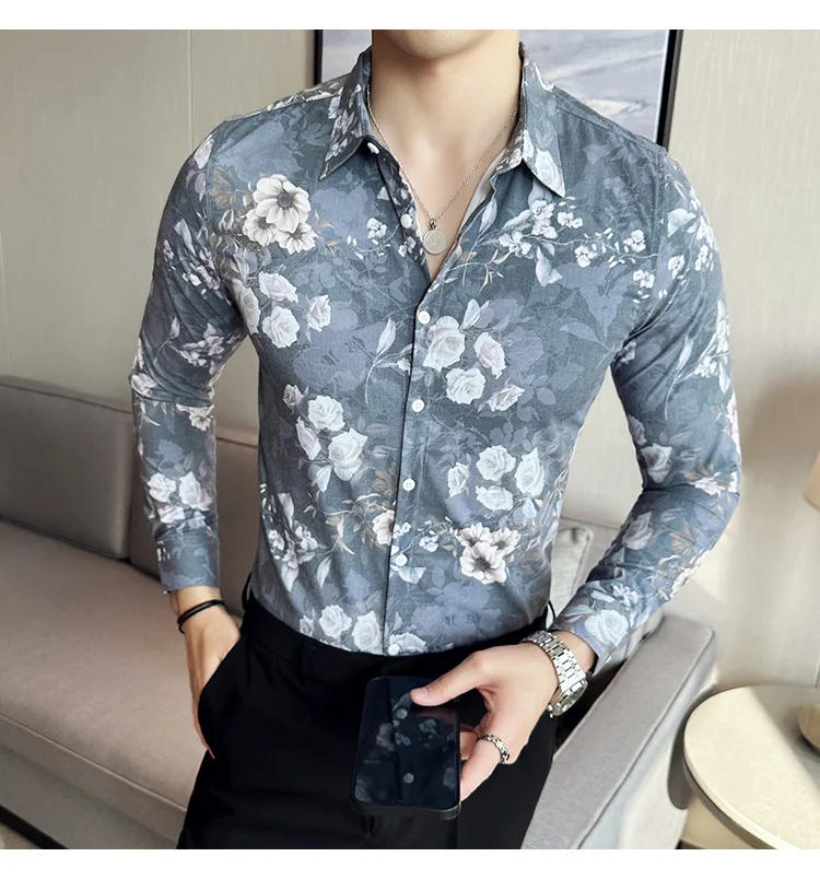 Description Picture 6 of itemBritish Floral Shirt for Men Long Sleeve Slim Fit Casual Shirts Fashion Business Formal Dress Shirts Social Party Tuxedo Blouse