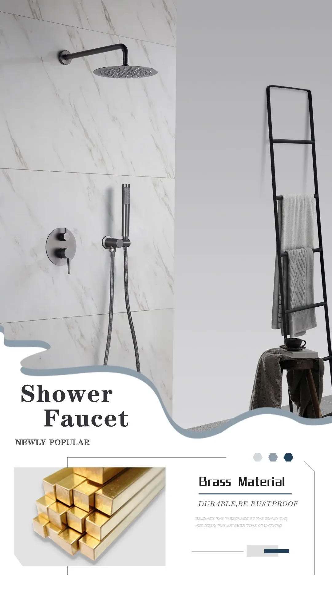 Description Picture 2 of itemGunmetal Grey Hot And Cold Shower System With Concealed Brass Diverter Valve Kit 1/2/3 Way Mixer Tap Handheld Head Bathtub Spout