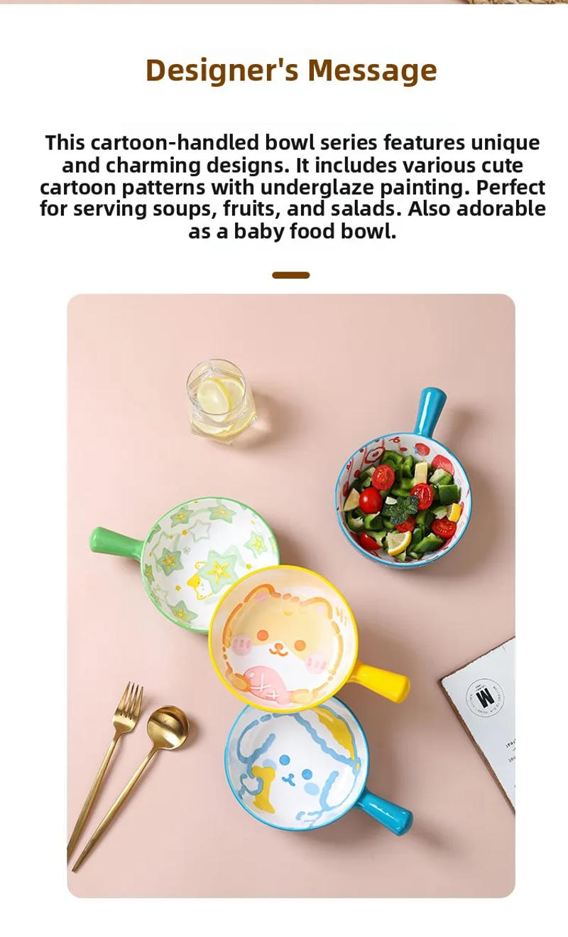 Description Picture 3 of itemCerc Soup Bowl with Handle for Oven Use Fruit Salad Bowl Single Handle Instant Noodles Bowl Cartoon Design Student Dormi
