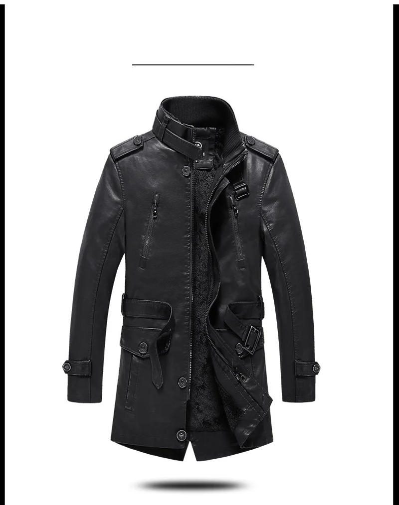 Description Picture 3 of itemNew Autumn Winter Men Fleece Leather Jacket Casual Fashion Middle And Long Mens PU Coats Stand Collar Warm Windproof Overcoat