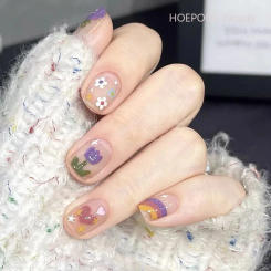 24pcs Short Kawaii Fake Nails Rainbow Heart Design False Nails Art Full Coverage Removable Artificial Press on Nail with Tools