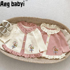 Autumn Baby Sweaters Girl Clothes Knit Top Embroidered Lace Lapel Cardigan Long Sleeved Knitted Infant Coat Newborn Clothing
