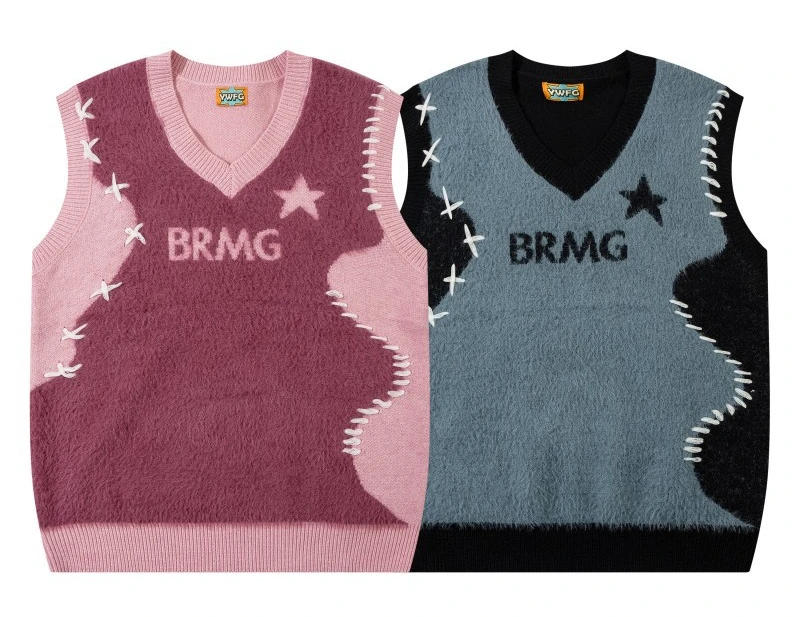 Description Picture 3 of itemAutumn Winter Sweater Vest Men Plush Patchwork Loose Sleeveless V-neck Sweaters Vest Harajuku Oversize Couple Knitwear Pullover