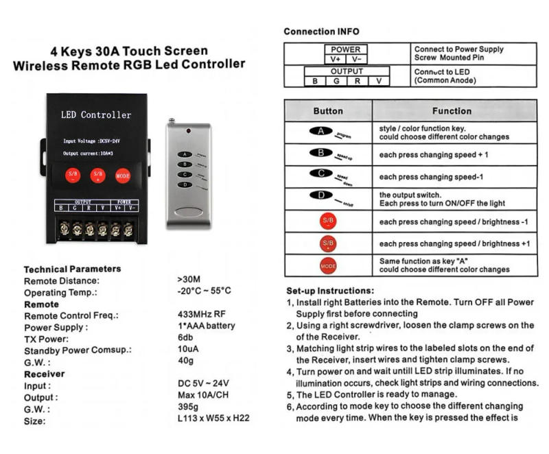 Description Picture 2 of itemDC5V-24V RGB LED Strip Dimmer Controller With 2.4G Wireless 4key RF Remote 30A Max360W For SMD 2835 3528 5050 LED Strips Tape