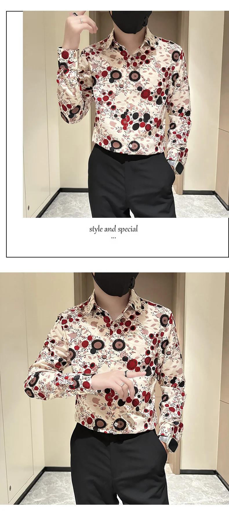 Description Picture 6 of itemHot Selling Flower Shirt for Men Long Sleeve Casual Shirts Fashion Slim Fit Social Party Tuxedo Blouse High Quality Men Clothing