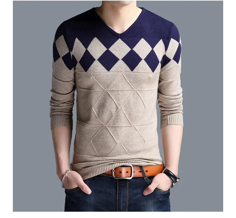 Description Picture 5 of itemKorean Fashion New Men Sweater Casual Cashmere Wool Men's Sweater Autumn Slim Fit Pullovers Men Argyle Pull Men's Sweaters