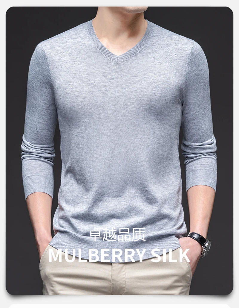 Description Picture 2 of itemHigh Quality Sheep Wool Tee Tops 2024 Spring Men's Casual Thin Knit Shirts Long Sleeve Male v-Neck Silk Wool Sweater Clothes