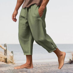 Drawstring Linen Pants Men's Summer Vacation Beach Cropped Pants with Drawstring Elastic Waist Deep Crotch Loose for Comfort