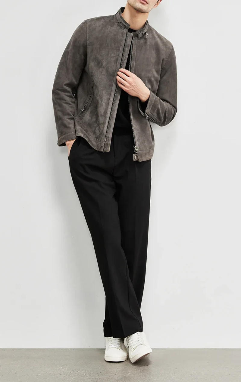 Description Picture 5 of itemLambskin Suede Coat For Men 2023 TOP Quality Round Standing Collar Genuine Leather Jacket Slim Fit Grey Motorcycle Clothing Male