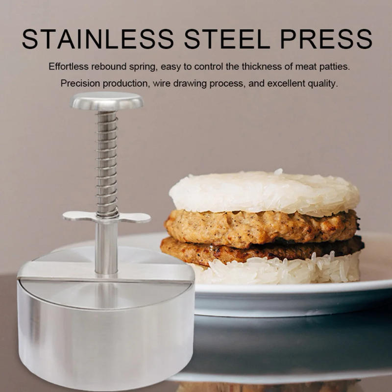 Description Picture 6 of itemHamburger Patty Maker Press 8/10/11/14cm Diameter Stainless Steel Non-Stick Round Manual Rice Ball Mold Kitchen Beef BBQ Tools