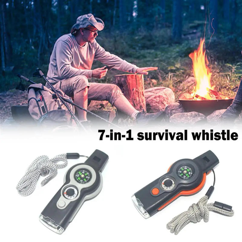 Description Picture 6 of item7 In 1 Multi-function Outdoor Whistle Army Green High Flashlig Signal Compass Thermometer LED Life-saving Mirror Decibel Wh F8L7