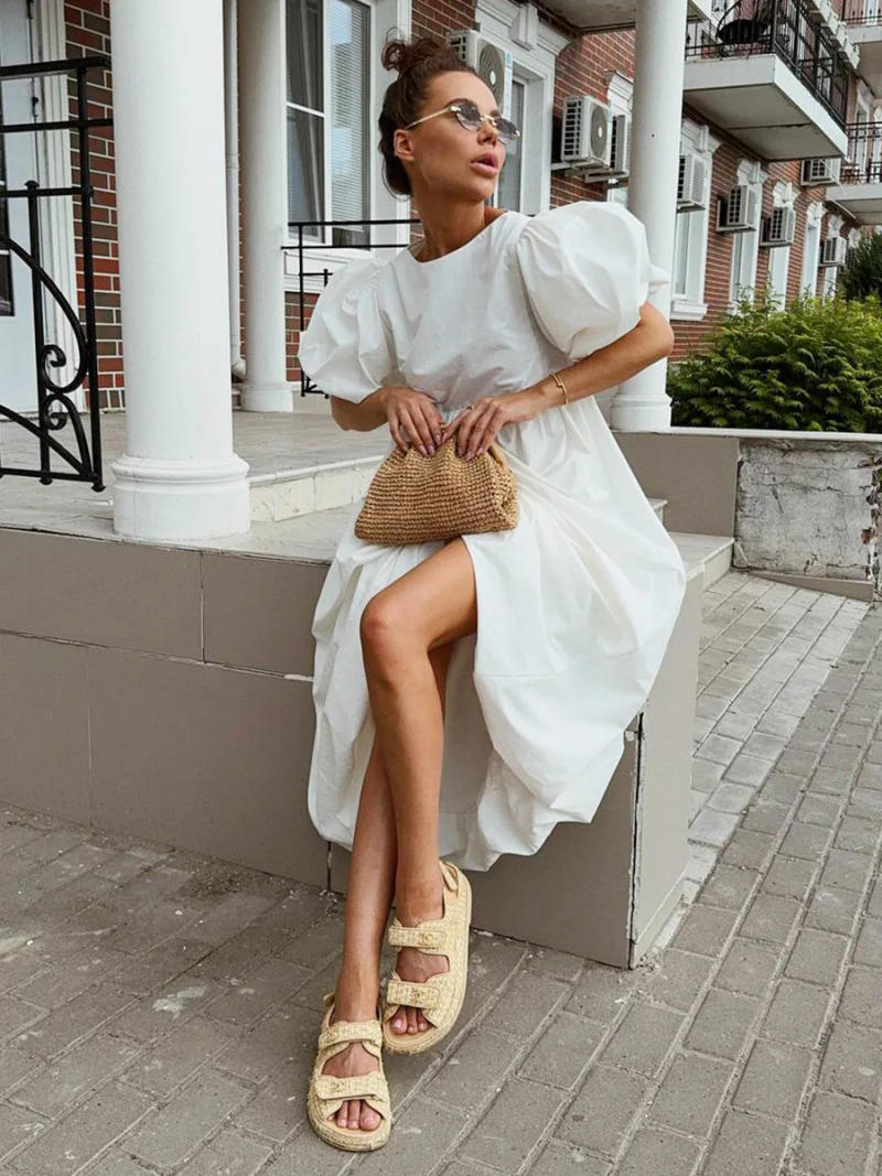 Description Picture 6 of itemNew Cotton O Neck Puff Sleeve Dresses Spring Women Solid Color Loose Casual Long Dress Summer High Waist Folding Pullover Dress