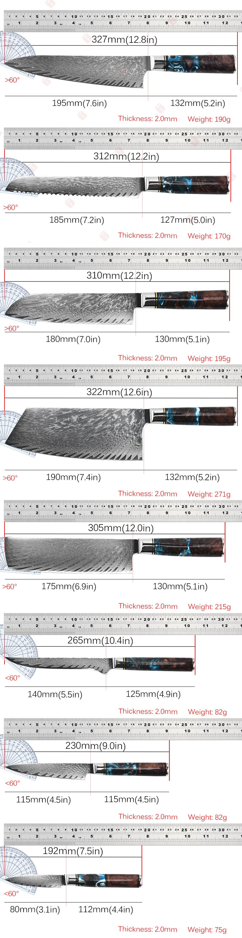 Description Picture 3 of itemProfessional Chef's Knife Set Damascus Steel Chopper Universal Kitchen Knives Bread Slicing Knife Sharp Meat Butcher's Cleaver