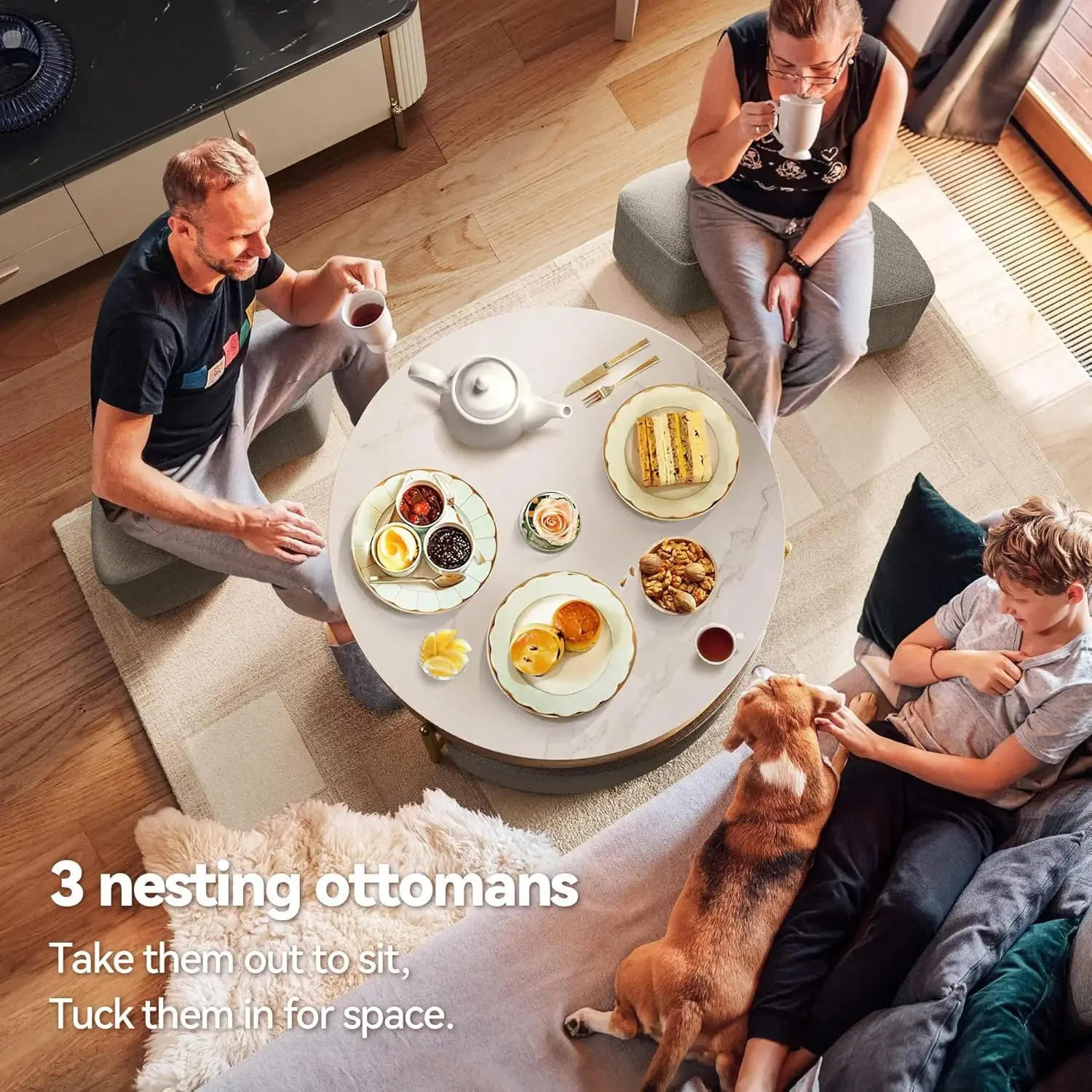 Description Picture 4 of itemDWVO 32" L Round Marbling Pattern Slate Coffee Table with Storage 3 Stools Wood Rustic Boho Lift Top Coffee Table Set for Living