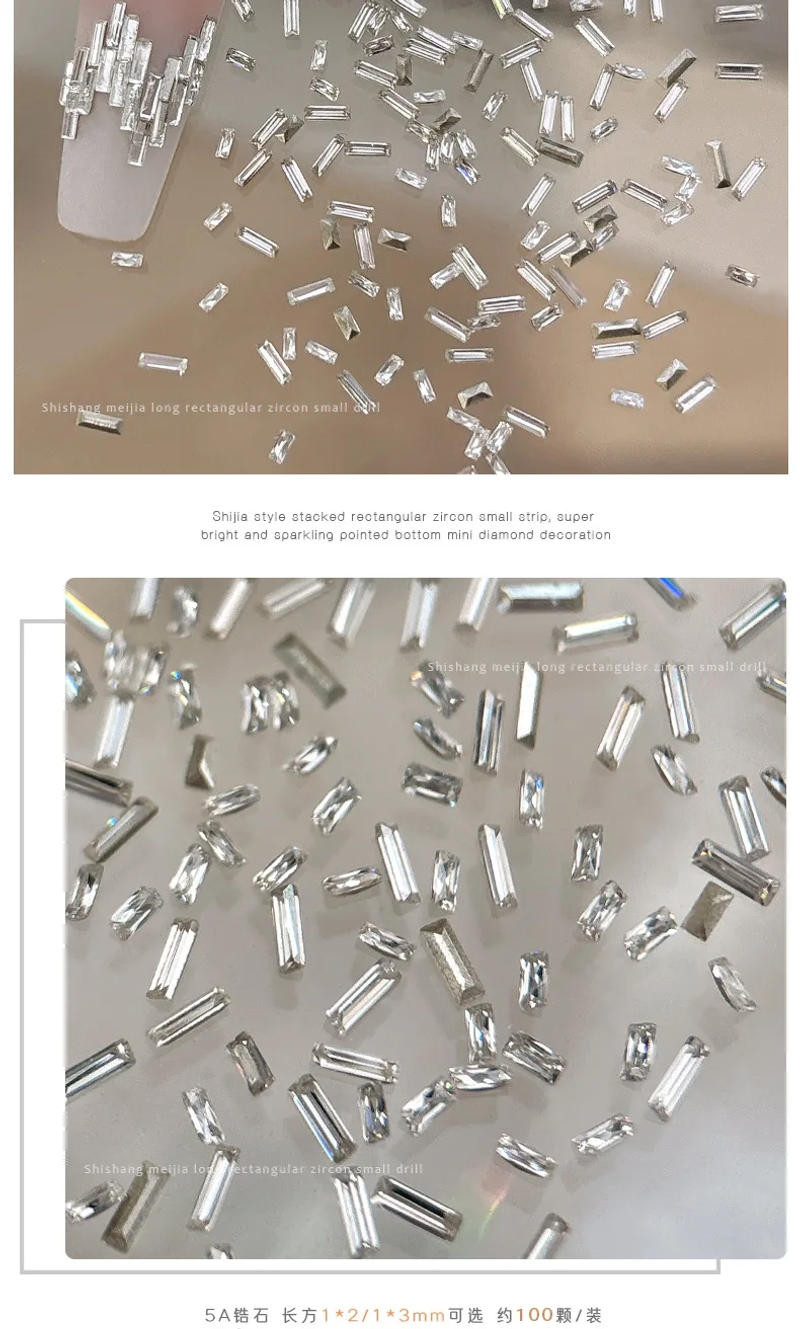 Description Picture 3 of item100PCS Reflective Sparkle 5A Mini Zircon Thin Rectangle White Diamonds Strip Nail Art Rhinestones Decorations Manicure Charms
