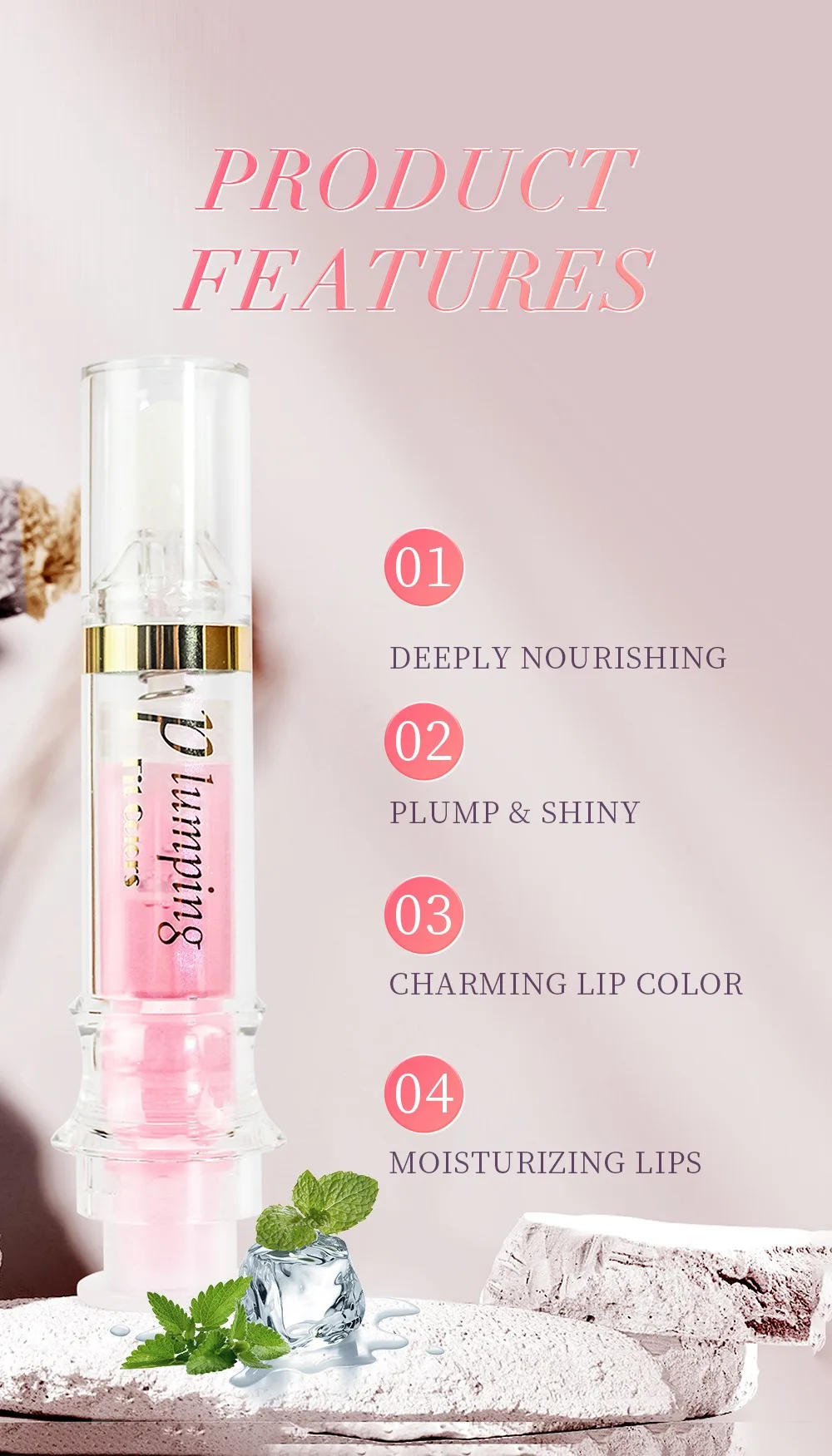 Description Picture 3 of itemShine Crystal Volume Lip Oil Plumping Pearl Gloss Pink Blue Hydrating Transparent Jelly Lip Gloss Serum Lip Care Makeup Cosmetic