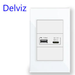 Delviz 1A1C Quick charge port, White/Black Toughening Crystal Glass Panel 120mm*72mm, Brazil standard 18W Type C USB Wall Socket