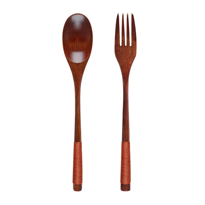 Description Picture 3 of item2Pcs Wooden Spoon Fork Dinnerware Set Long Wood Spoon and Fork Set Dessert Soup Spoon Dining Fork Portable Cutlery Tableware