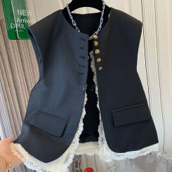 Lace Patchwork Women Vest Korean O Neck Casual Sleeveless Jackets 2024 Female Loose Waistcoat Vintage Chic Tops Women Clothing