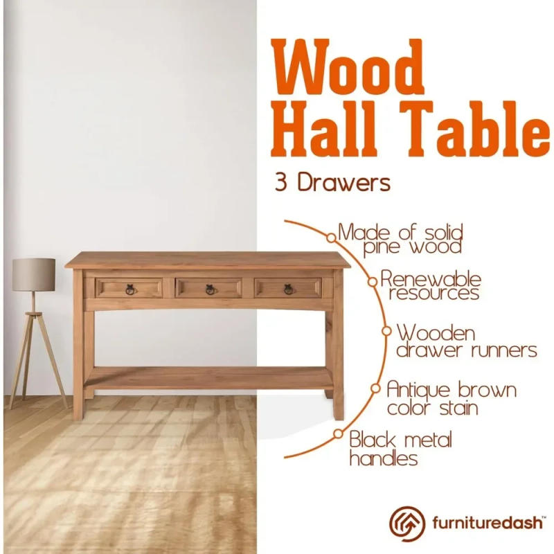 Description Picture 5 of itemSolid Wood Console Table with 3 Drawers Farmhouse Entryway Table with Storage Shelf, Farmhouse Furniture for Living Room