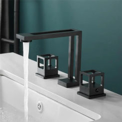 Basin Faucet Black Brass Widespread Bathroom Sink 3 Hole Widespread Mixer Double Handle Hot  Cold Water Tap