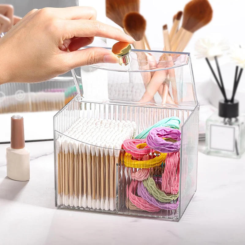 Description Picture 4 of item2 Slot Qtip Holder Dispenser Rectangle Cotton Ball and Swab Holder Organizer with Lid Clear Bathroom Organizer Jar for Bathroom