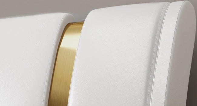 Description Picture 4 of itemModern Faux Leather Upholstered Platform Bed Frame with Golden Iron Metal Decor, Adjustable Curved Headboard, Queen White-golden