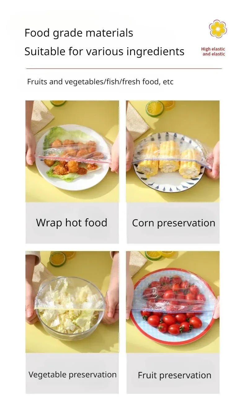 Description Picture 5 of itemDisposable Food Covers Elastic Plastic Wrap Food Grade Fresh-keeping Lids Storage Bag Shoe Covers Shower Headgear Bowl Caps
