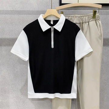 Summer Contrasting Color Half-zip Short-sleeved Polo Shirt Men‘s Loose Handsome Casual Half-sleeved T-shirts Male Clothes