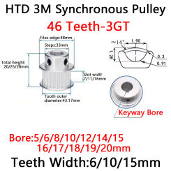 46Teeth HTD 3M Timing Pulley 3M Synchronous Wheel Belt Width 10 15mm Bore 5/6/8~19/20mm HTD3M Pulley HTD 3M Pulley 46T 46 Teeth