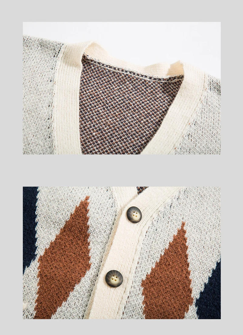 Description Picture 6 of itemMen's Diamond Cardigan Sweater Women V-neck Long Sleeves Autumn Winter Loose Casual Color Contrast Knitted Sweaters Jacket