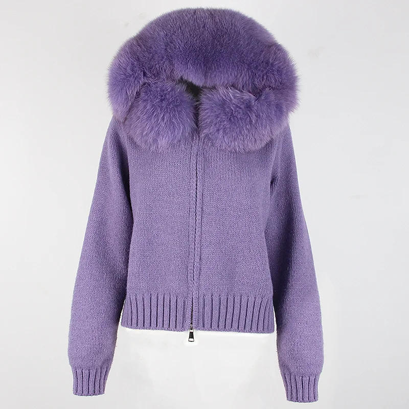 Description Picture 2 of itemOFTBUY 2023 New Fashion Autumn Winter Casual Hooded Real Fox Fur Collar Short Knitted Jacket with Natural Warm Coat for Women