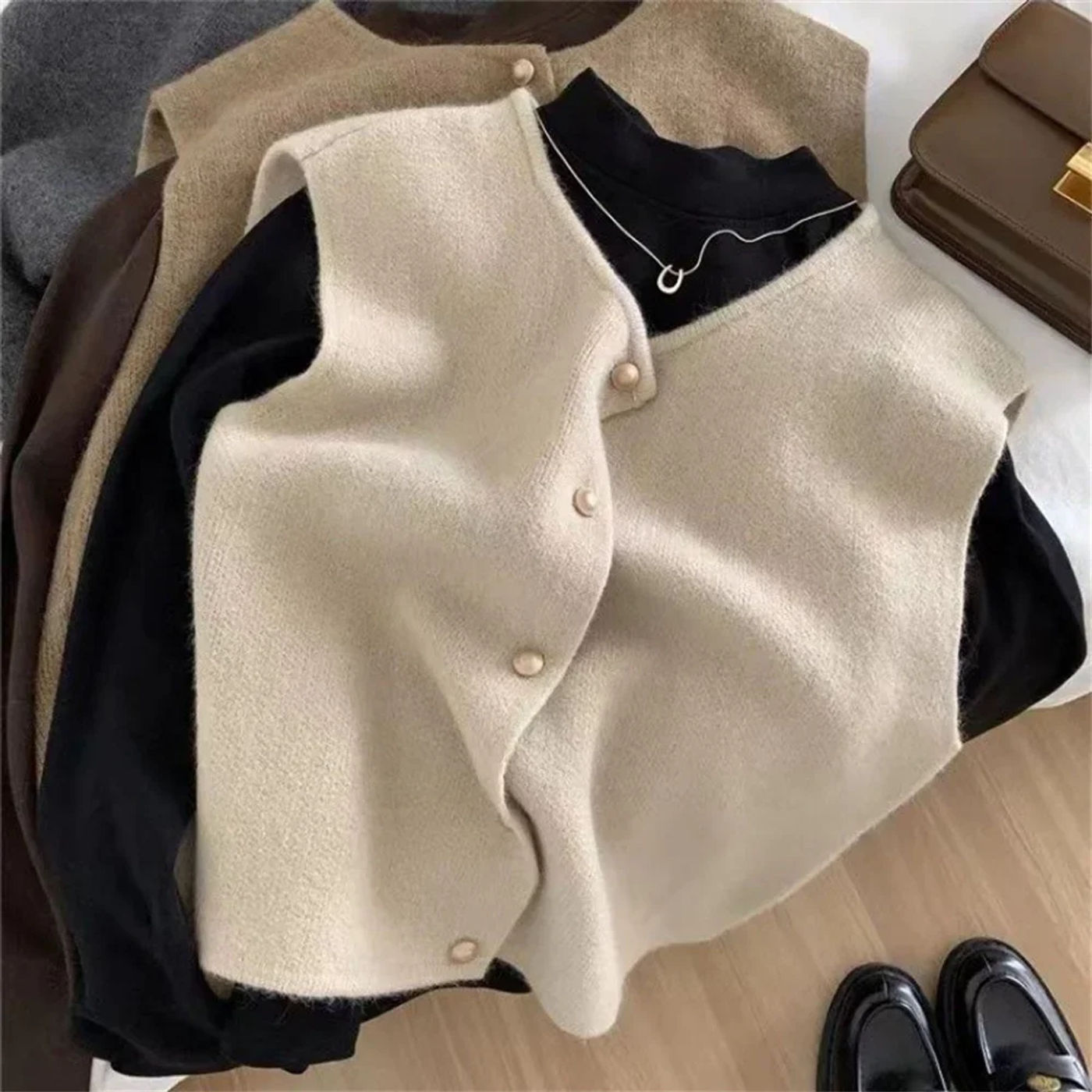 Description Picture 5 of itemSpring Autumn Women's Solid Button V-Neck Sleeveless Casual Fashion Office Lady Elegant Tops Sweater Knitted Cardigan Vest Coats