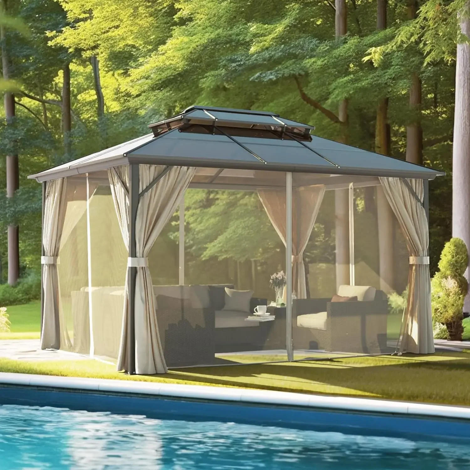 Description Picture 3 of item10’ x 12’/10’ x 13’ Outdoor Hardtop Gazebo Polycarbonate Double Roof Canopy Aluminum Frame Pavilion with Curtains