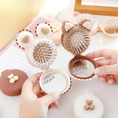 Coffee Bear Hair Combs Folding Massage Hair Brush Round Mini Airbag Comb with Mirrors Travel Hairbrush Makeup Comb Styling Tools