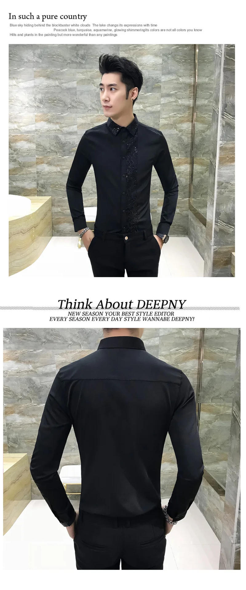Description Picture 3 of itemBrand New Shirt Men High Quality Lace Patchwork Long Sleeve Slim Fit Tuxedo Casual Solid Hairstylist Work s For