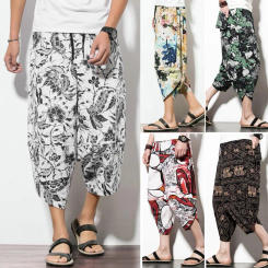 Summer Mid-rise Elastic Waistband Drawstring Pockets Cropped Pants Ethnic Style Retro Print Harem Trousers Fashion Men's Clothes
