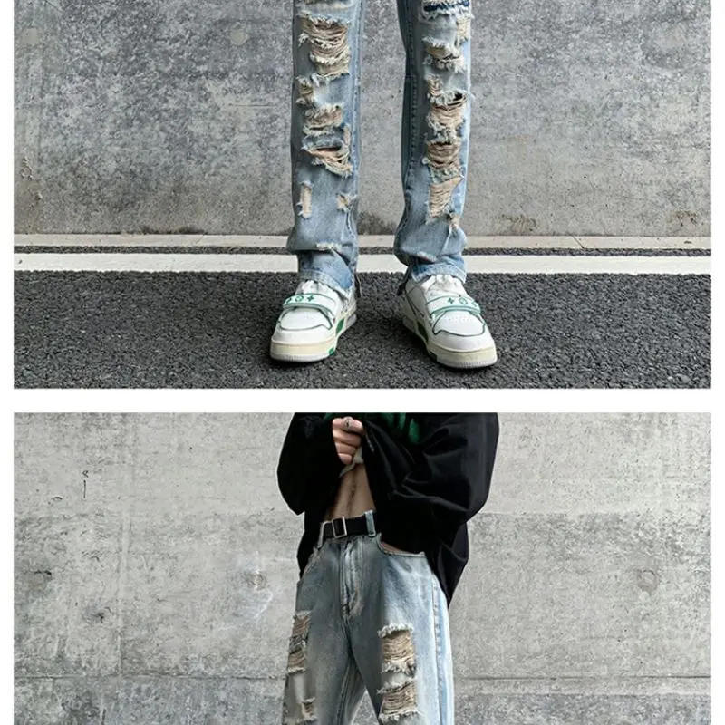 Description Picture 4 of itemY2K retro ripped jeans men's spring American retro street gangster handsome pants niche design zipper slit straight pants
