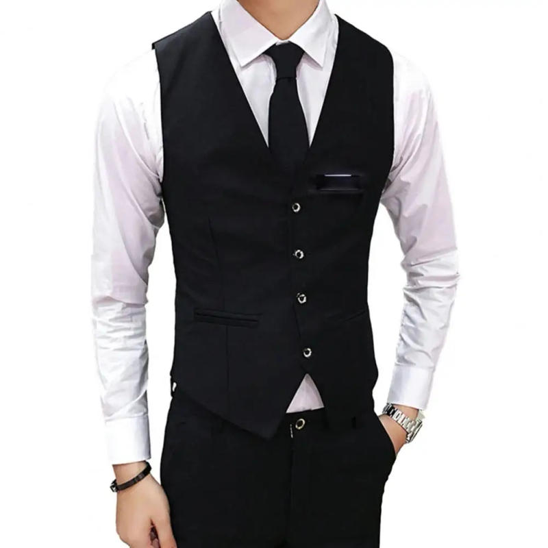 Description Picture 4 of itemStylish Men's Slim Fit V-neck Suit Vest Single-breasted Cardigan for Formal Business Groom Wedding Coat Solid Color Elegance
