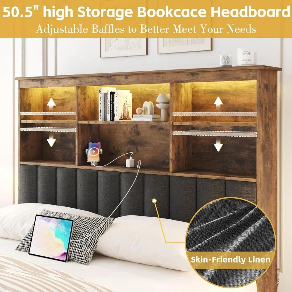 Description Picture 5 of itemQueen Bed Frame with Headboard, Queen Bed Frame with High Storage Bookcase Headboard,4 Storage Drawers & Charging Stati