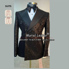 Tailor-Made Suits Men Sparkly Sequins Blazer Pants 2 Pieces Latest Design Double Breasted Jacket Groom Wear Wedding Tuxedo Black